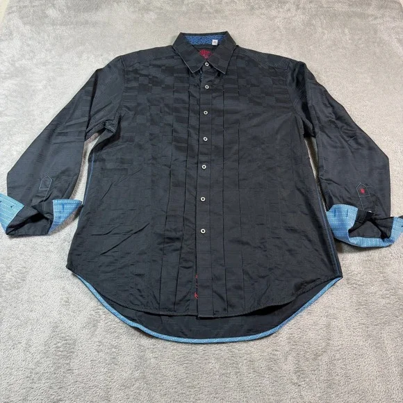 Robert Graham Button Down Shirt Mens Medium Black Satin Pleated Flip Cuff Party - Picture 1 of 10